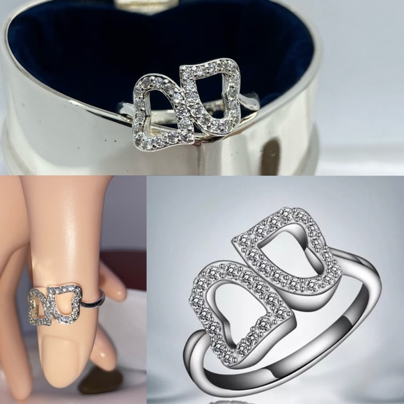 Micro Paved Double Open Heart 925 Silver Band Ring - Picture 4 of 6